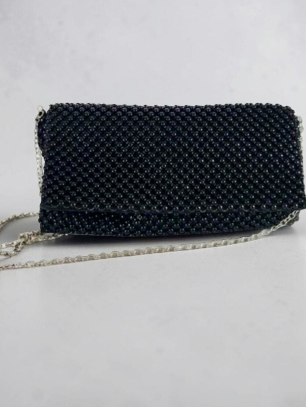 𝅺The Touch of Nina Black Beaded Satin Clutch Evening Bag 9” NWOT